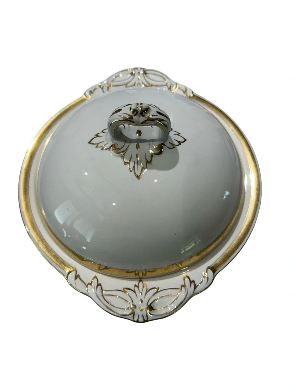 VTG White & Gold Trim Porcelain Covered Footed Serving Dish 10